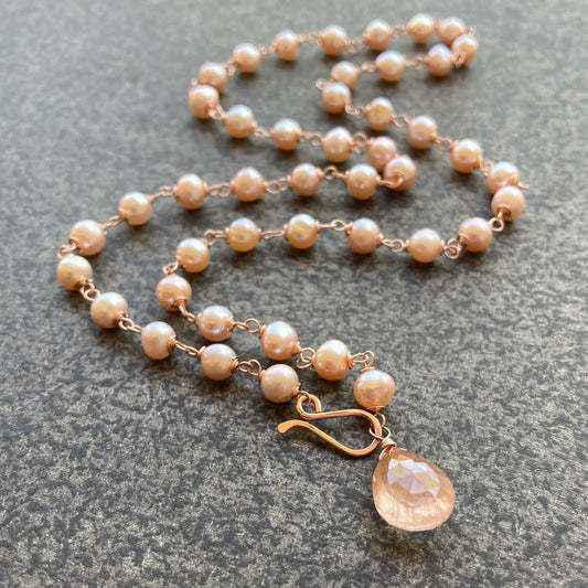 Pink Freshwater Pearl, Rose Gold & Copper Rutilated Quartz Convertible Pendant Necklace