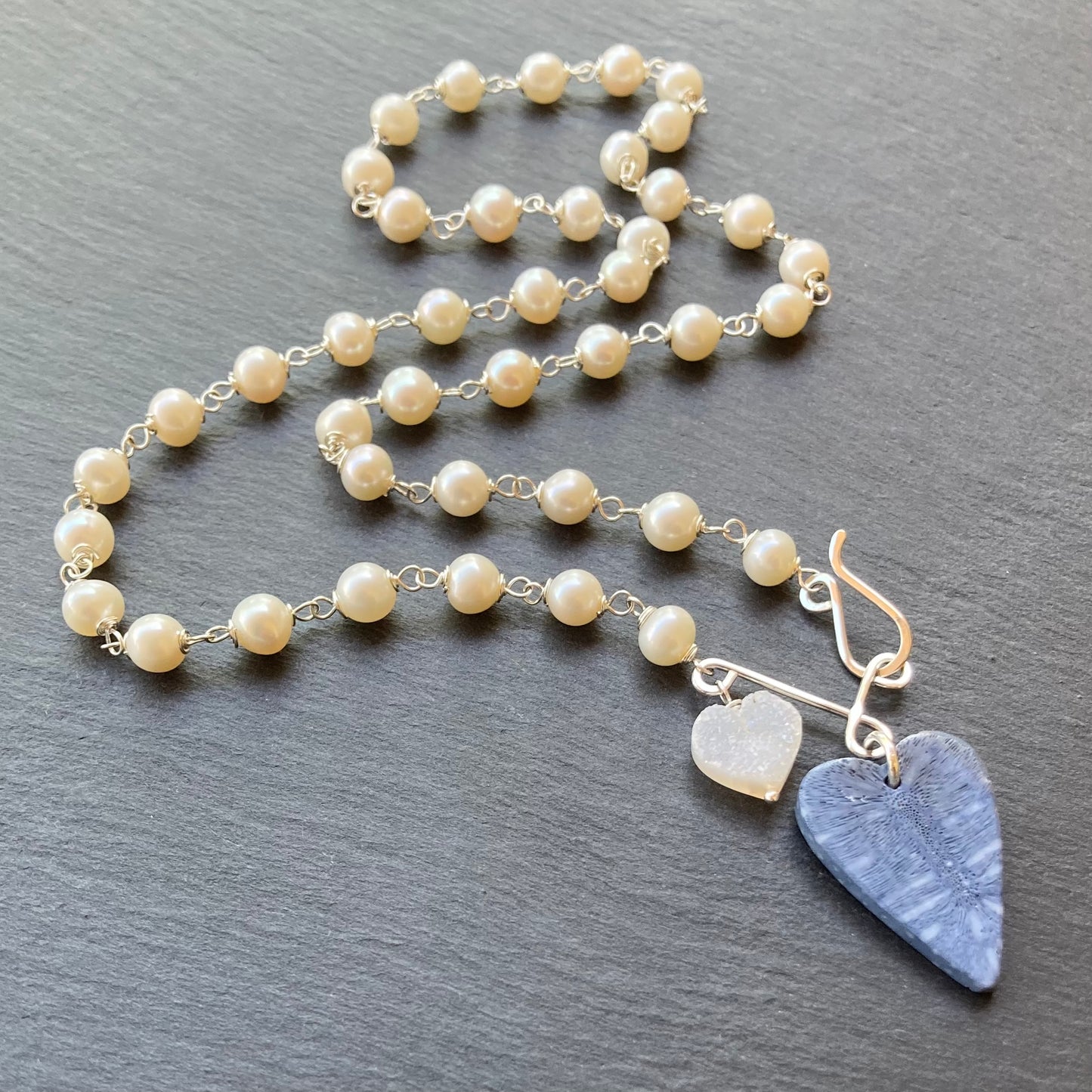 Freshwater Pearl, Sterling Silver & Blue Coral Heart Pendant Necklace