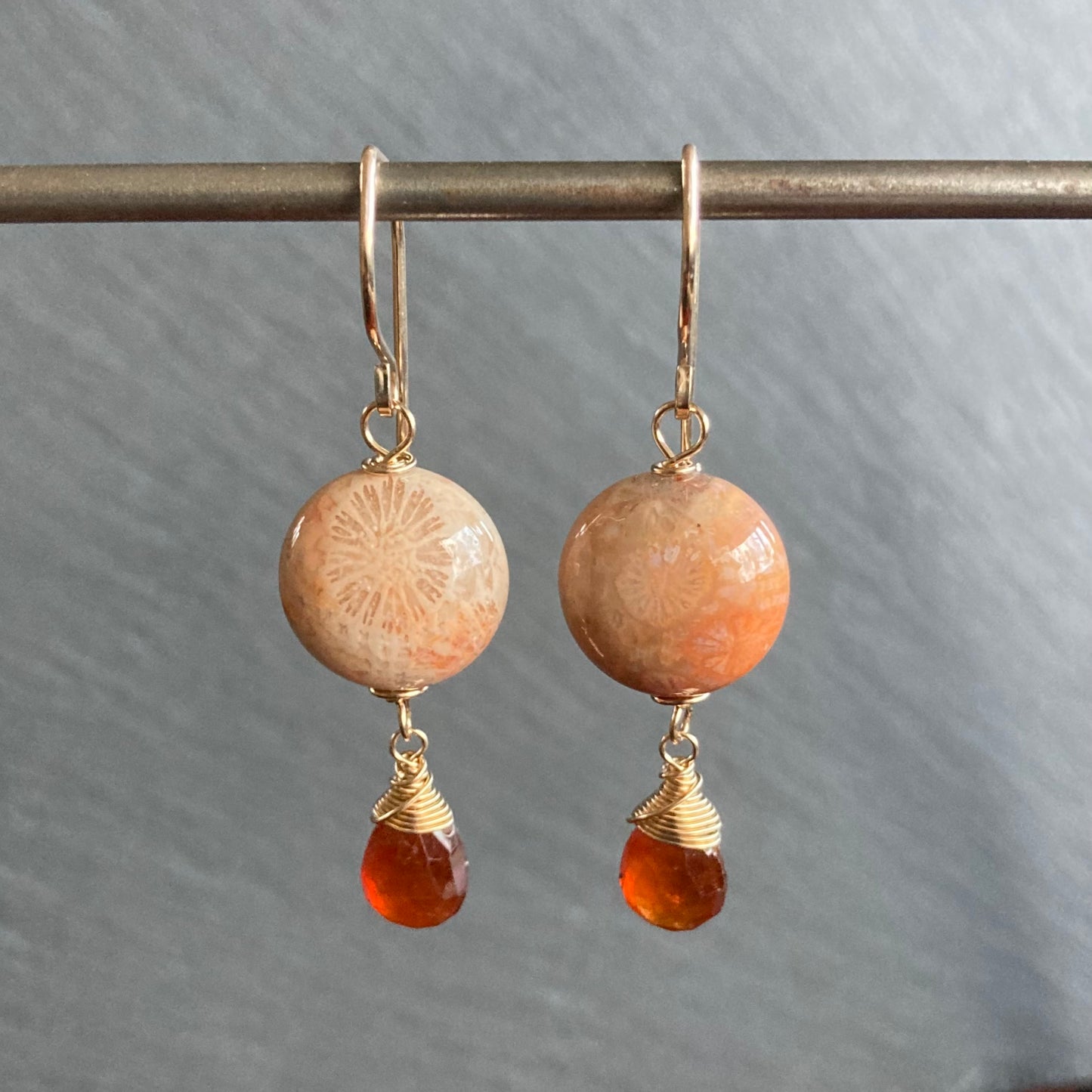 Fossil Coral, Hessonite Garnet & Gold Earrings