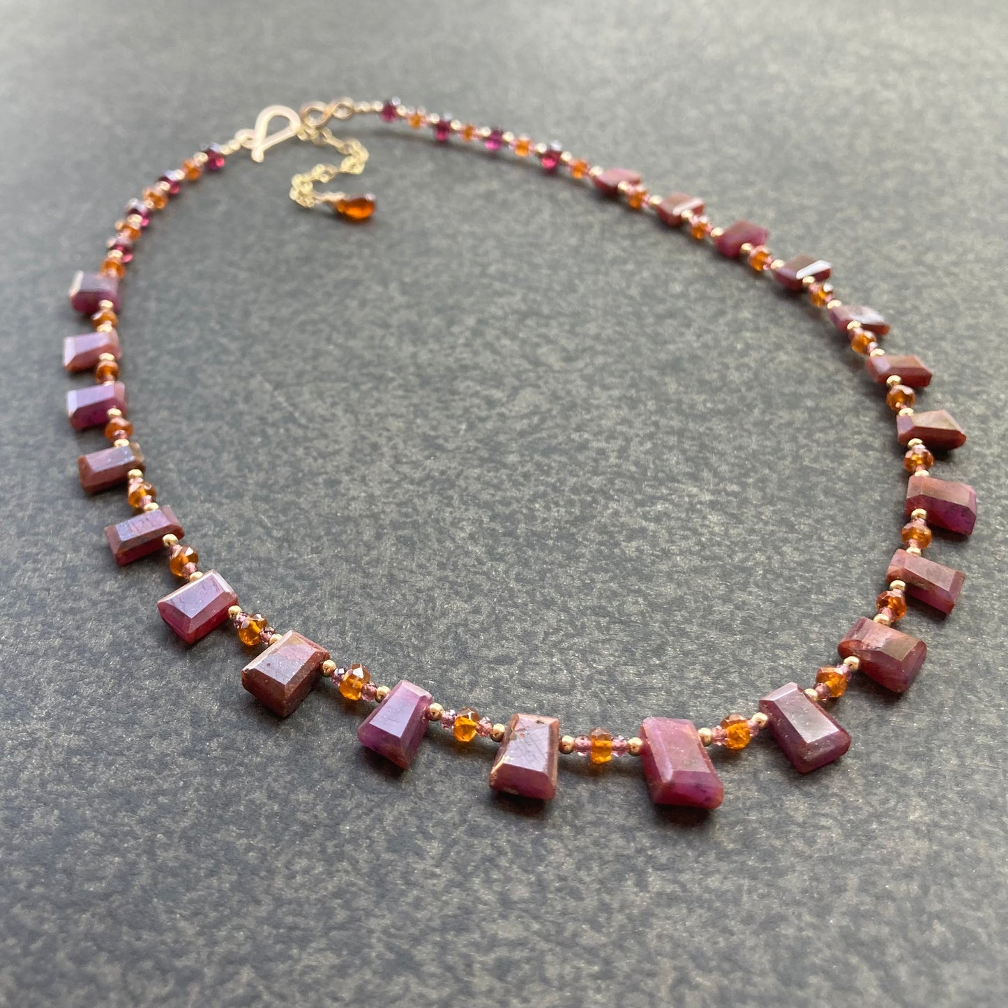 Natural African Ruby, Orange Kyanite, Rhodolite & Gold Choker