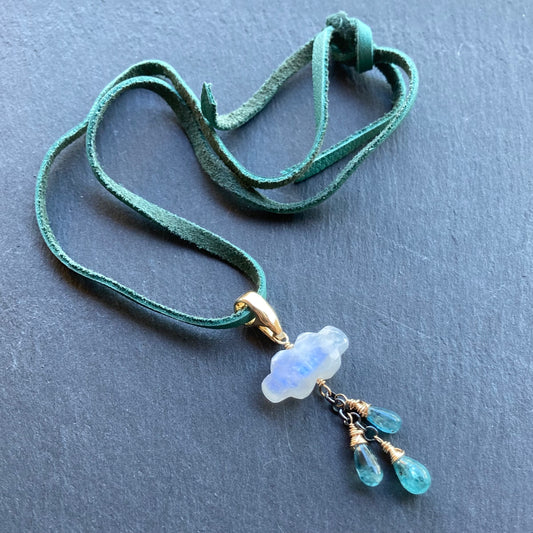 Rainbow Moonstone, Aqua Kyanite & Mixed Metal Monsoon Deertan Leather Choker