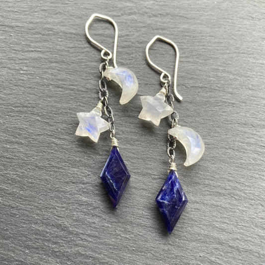 Rainbow Moonstone, Sodalite & Sterling Silver Alternate Universe Earrings