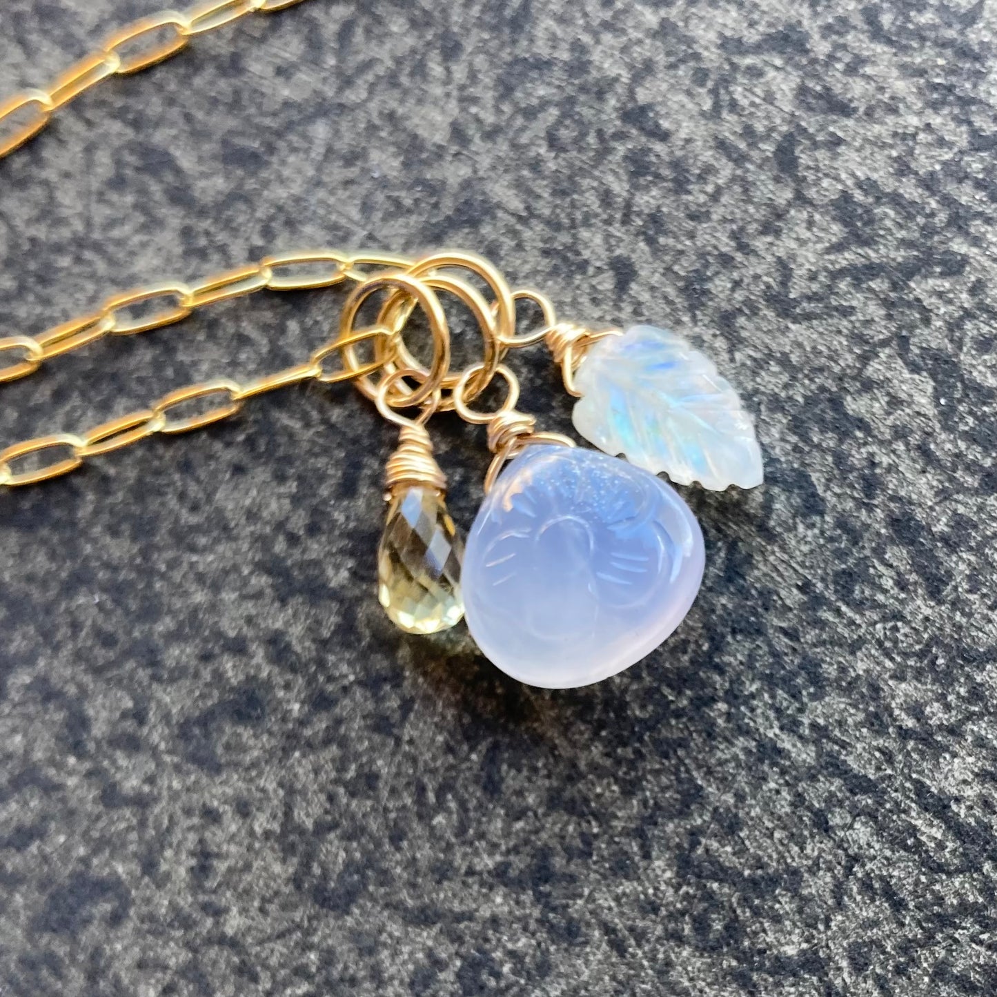 Blue Chalcedony, Rainbow Moonstone, Citrine & Gold Charm Necklace