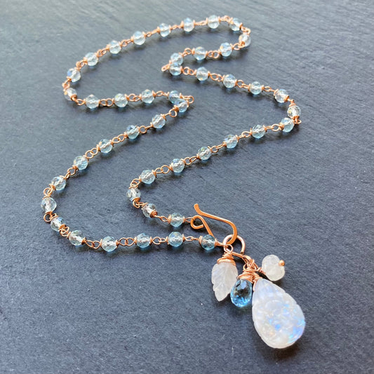 Blue Topaz, Rose Gold & Rainbow Moonstone Pendant Necklace