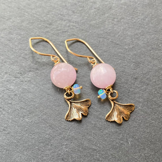 Kunzite, Gold & Bronze Ginkgo Leaf Earrings