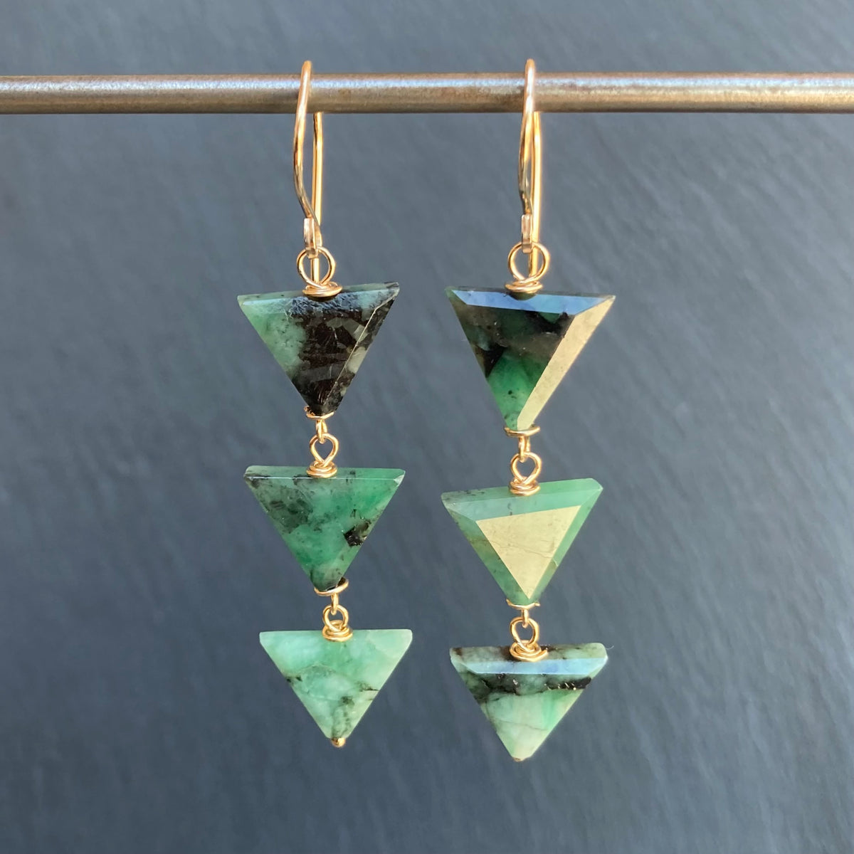 Natural Emerald & Gold Long Drop Earrings
