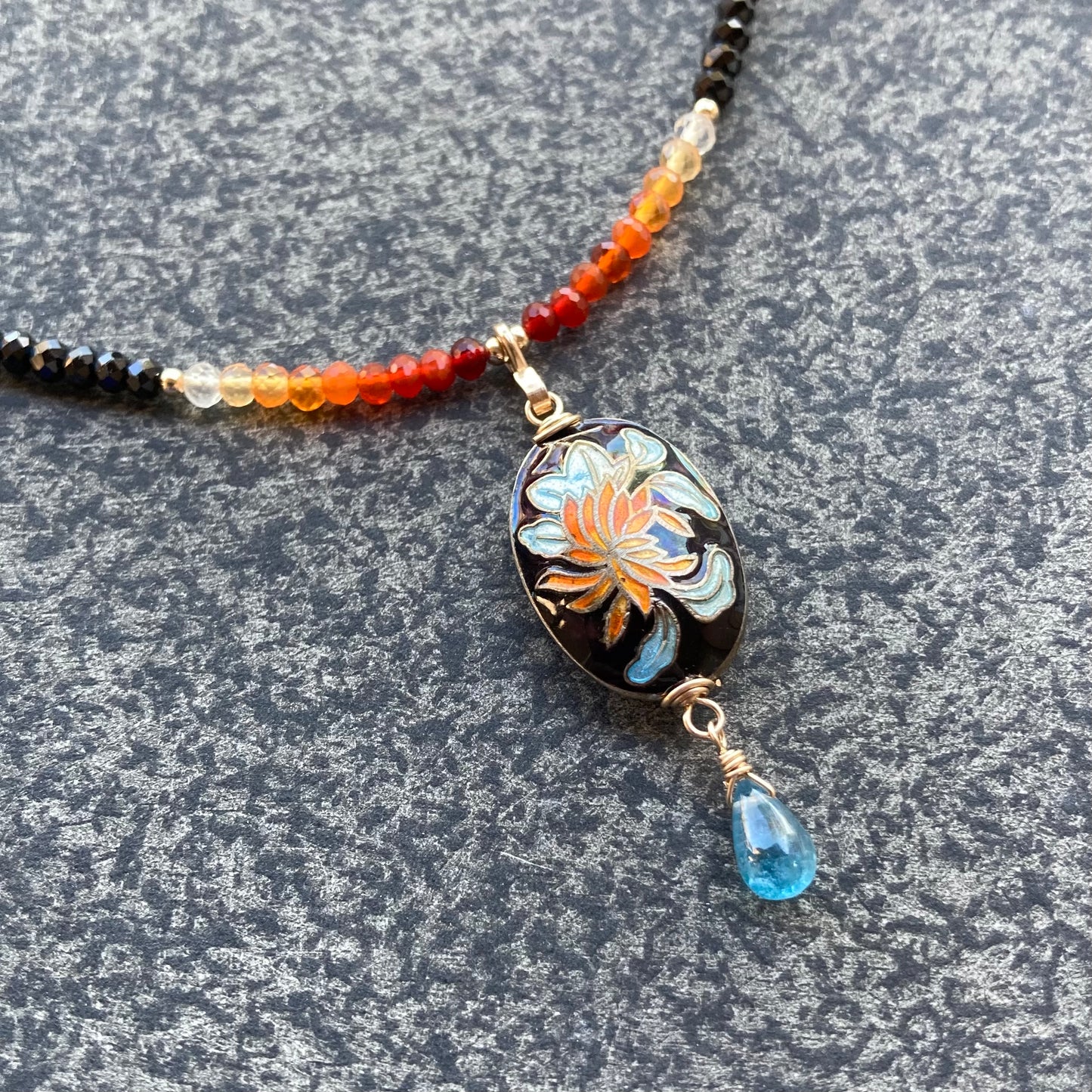 Mexican Fire Opal, Black Spinel & Vintage Cloisonné Tiger Lily Pendant Necklace