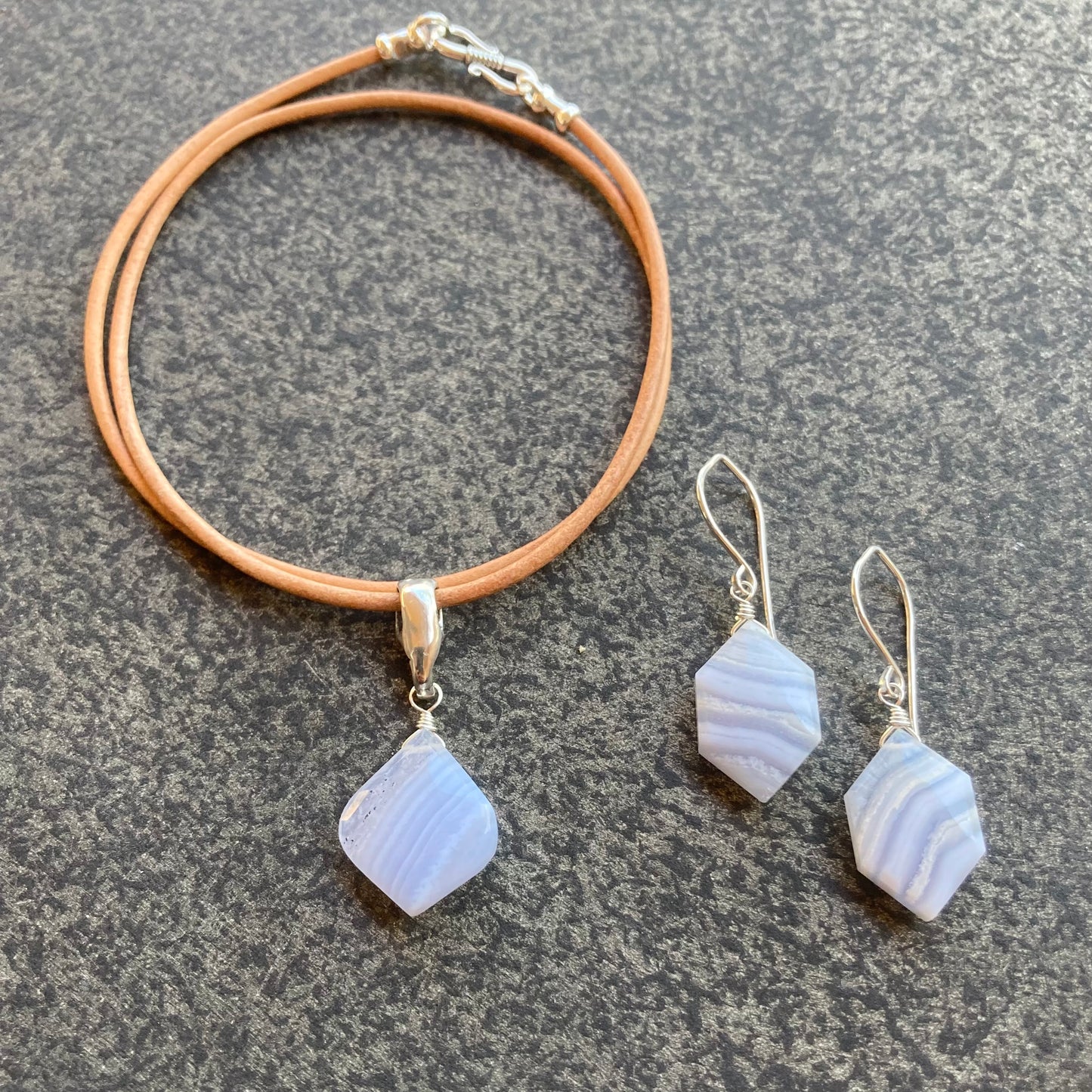 Blue Lace Agate & Sterling Silver Leather Choker