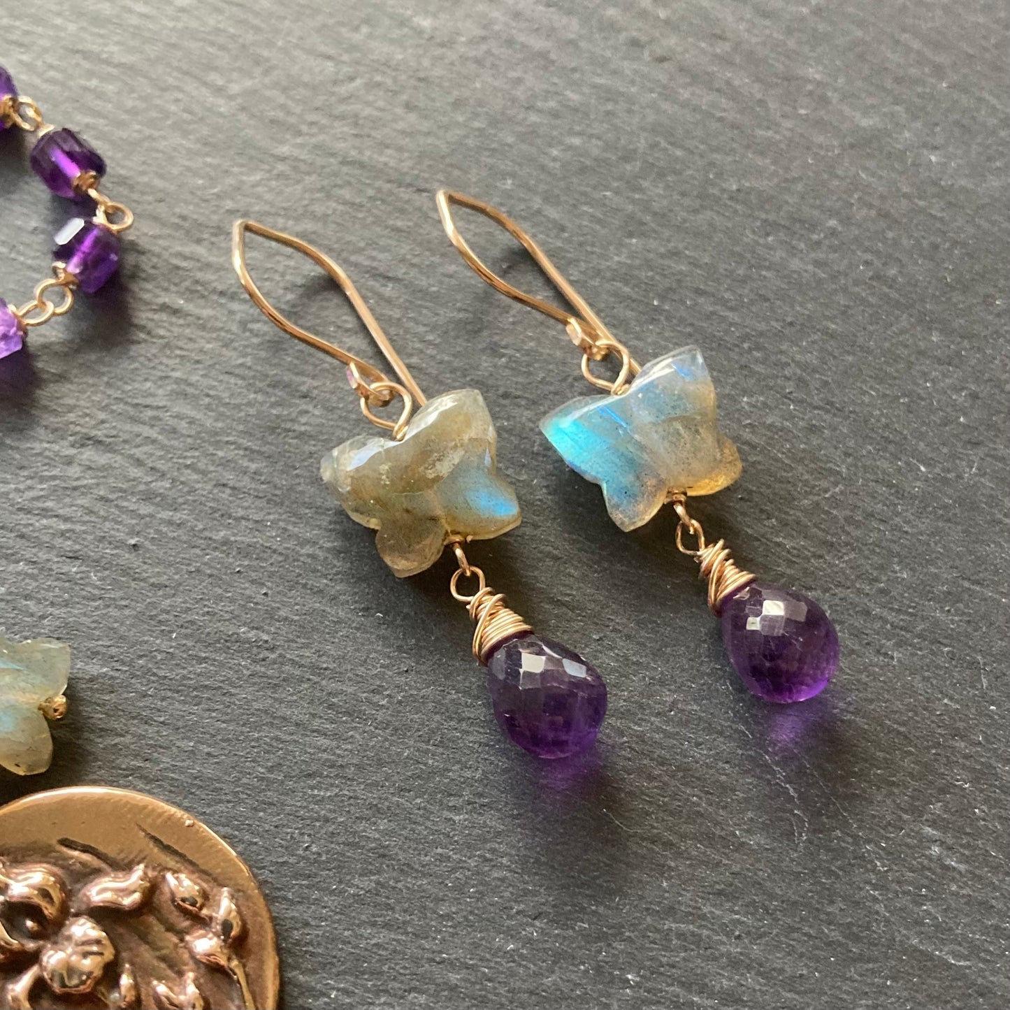 Labradorite, Amethyst & Gold Butterfly Earrings