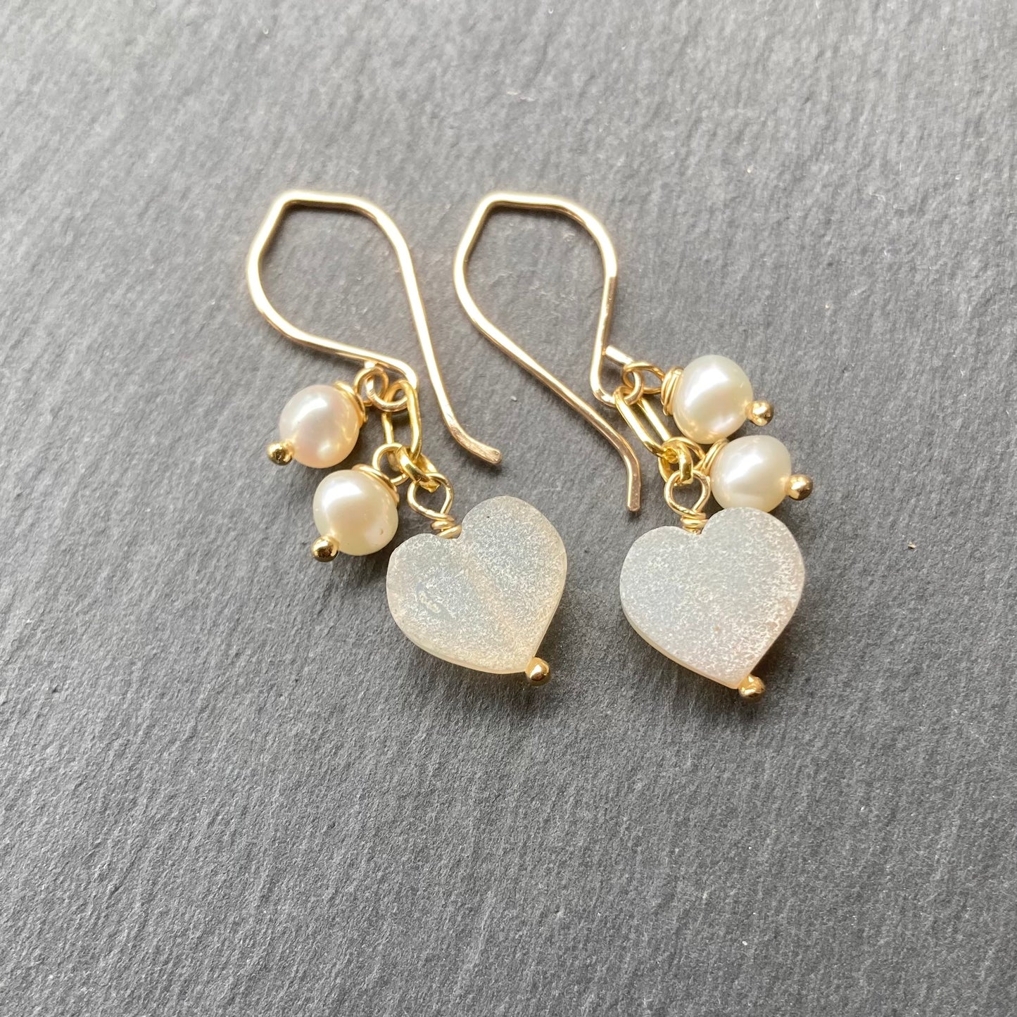 Freshwater Pearl, Druzy Heart & Gold Earrings