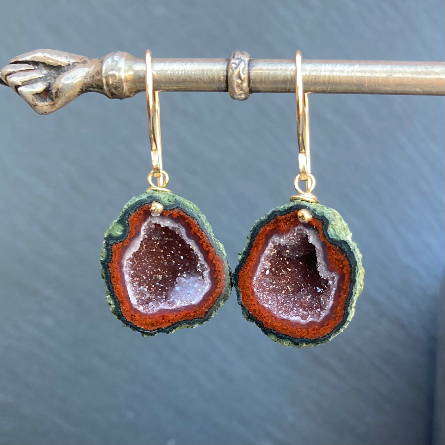 Red Druzy Tabasco Geode & Gold Earrings