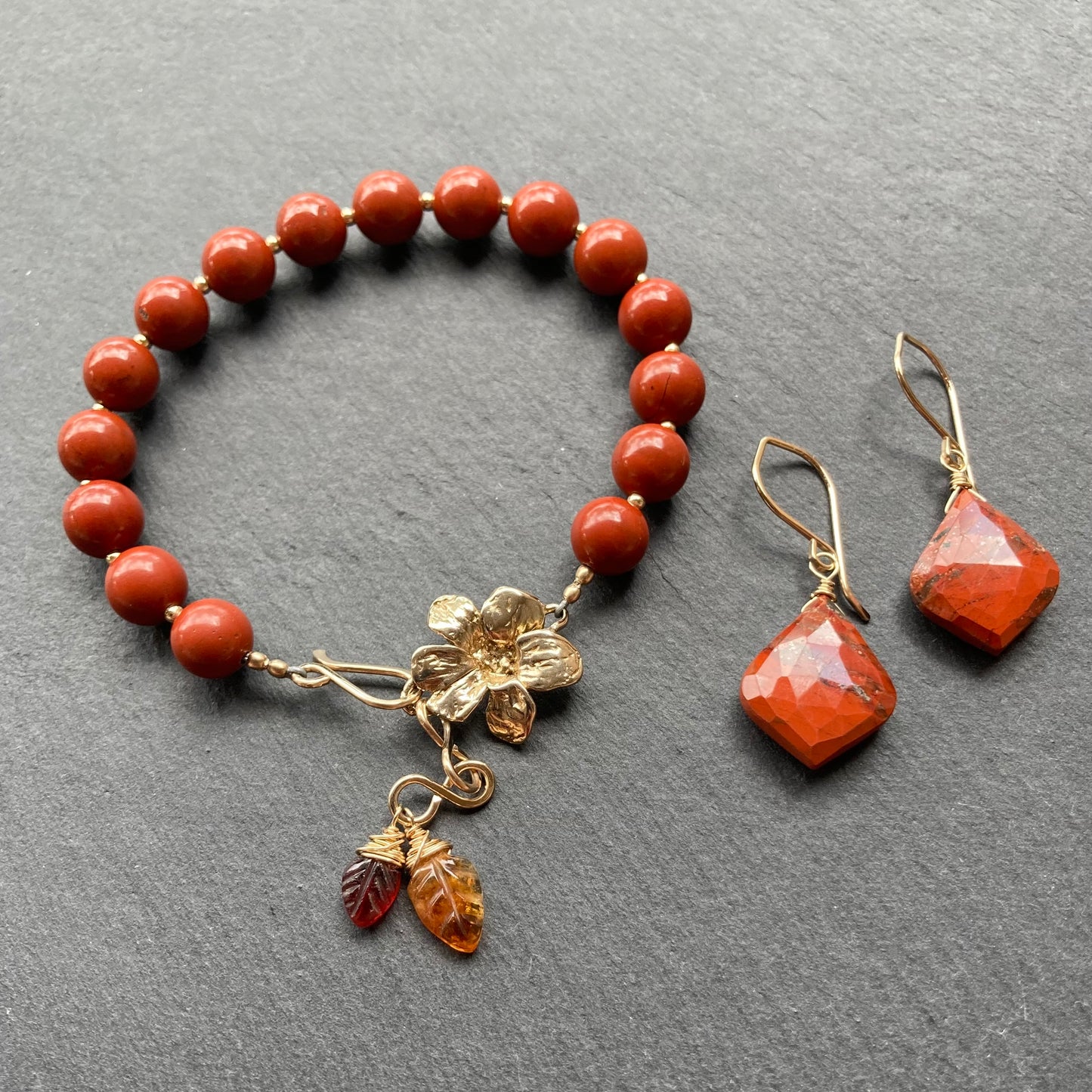Red Jasper, Gold & Bronze Flower Link Charm Bracelet
