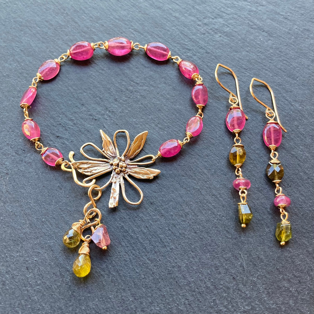 Pink Sapphire, Petro Tourmaline, Gold & Bronze Flower Link Bracelet