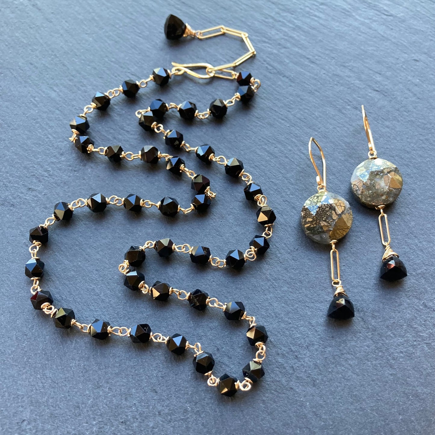 Nipomo Marcasite in Agate, Black Onyx & Gold Earrings