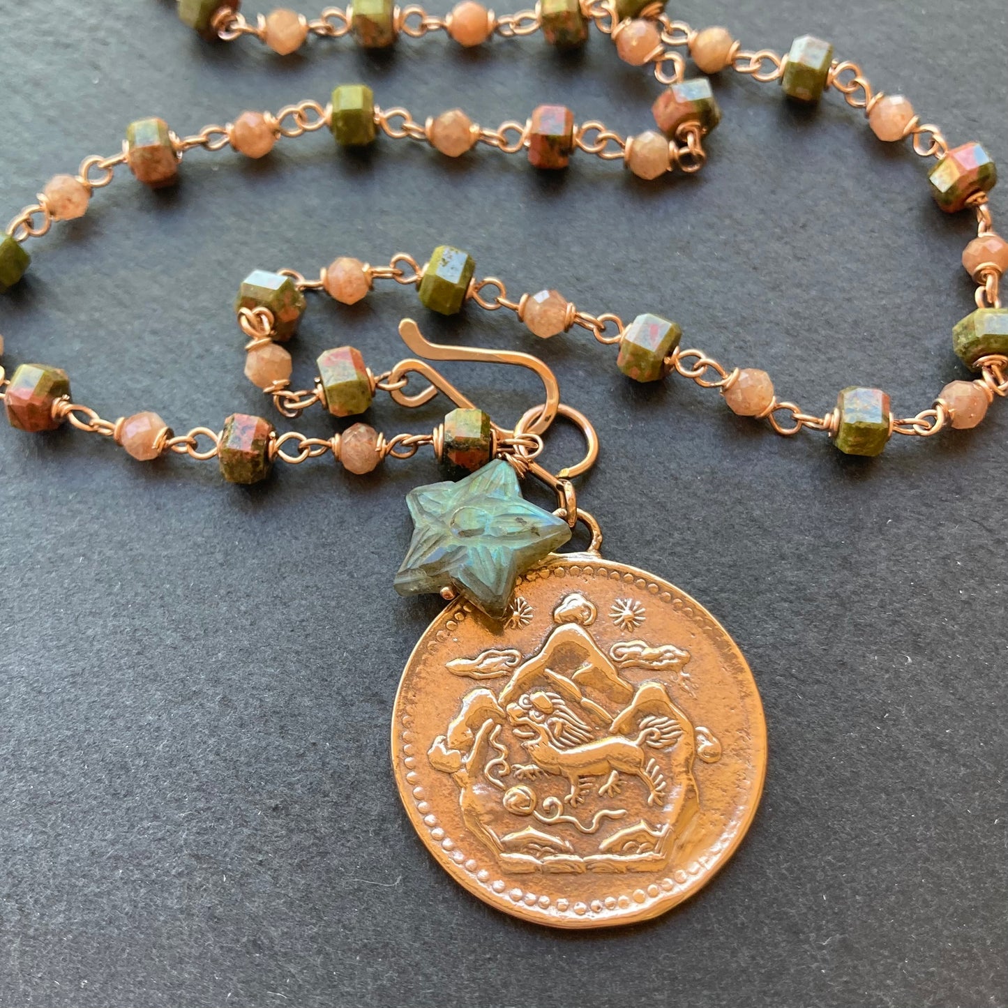 Unakite, Sunstone, Rose Gold & Red Bronze Tibetan Snow Lion Coin Necklace