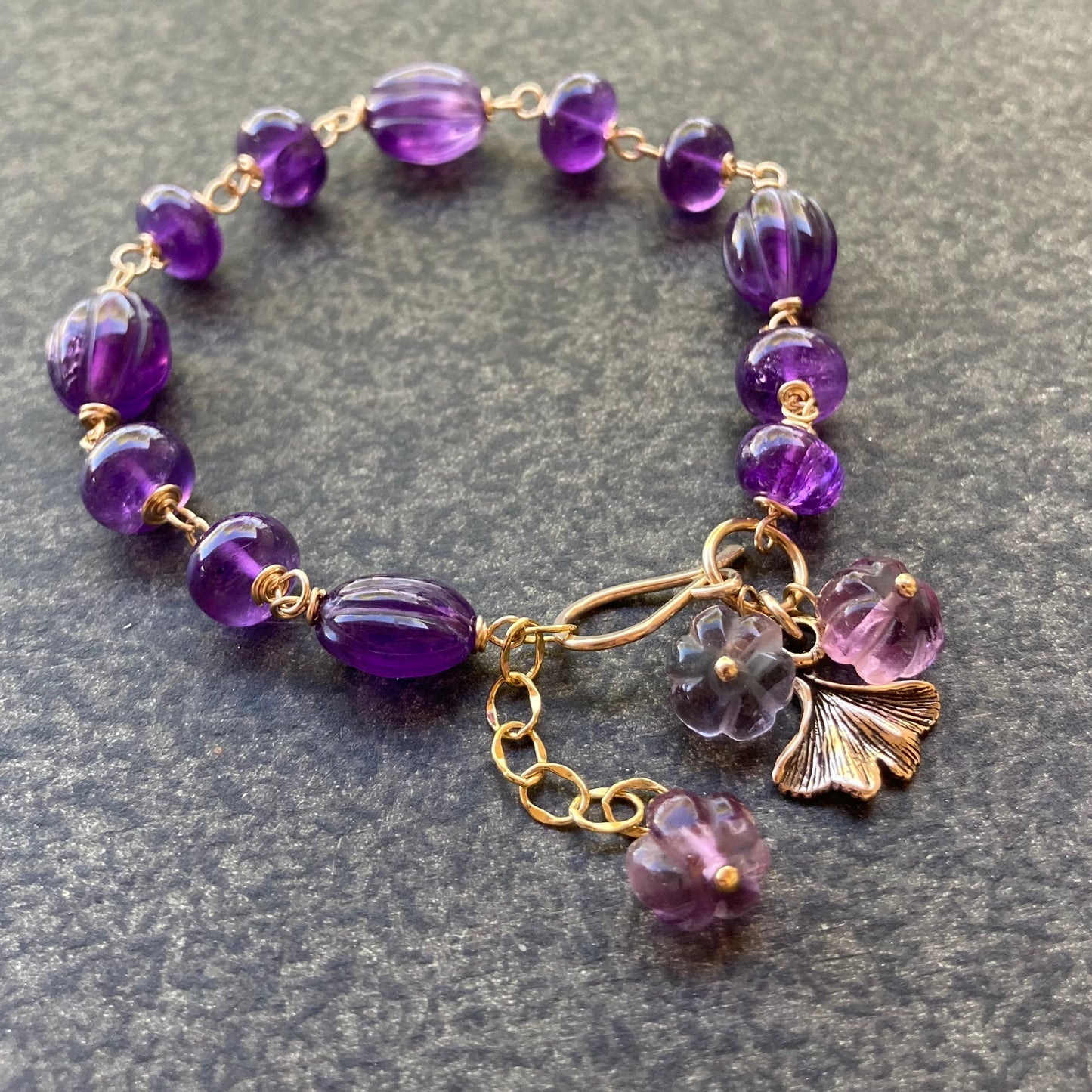 Amethyst, Fluorite, Gold & Bronze Ginkgo Flower Charm Bracelet