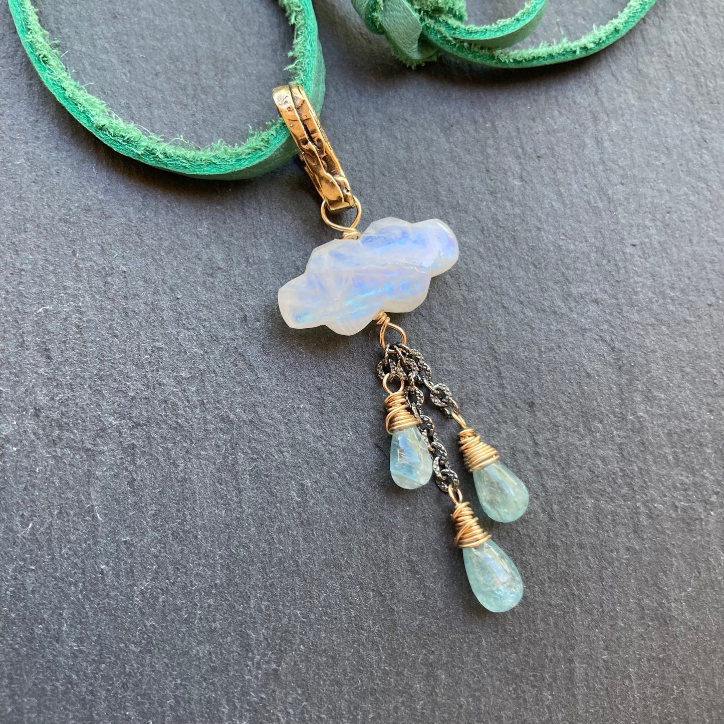 Rainbow Moonstone, Aqua Kyanite & Mixed Metal Monsoon Deertan Leather Choker
