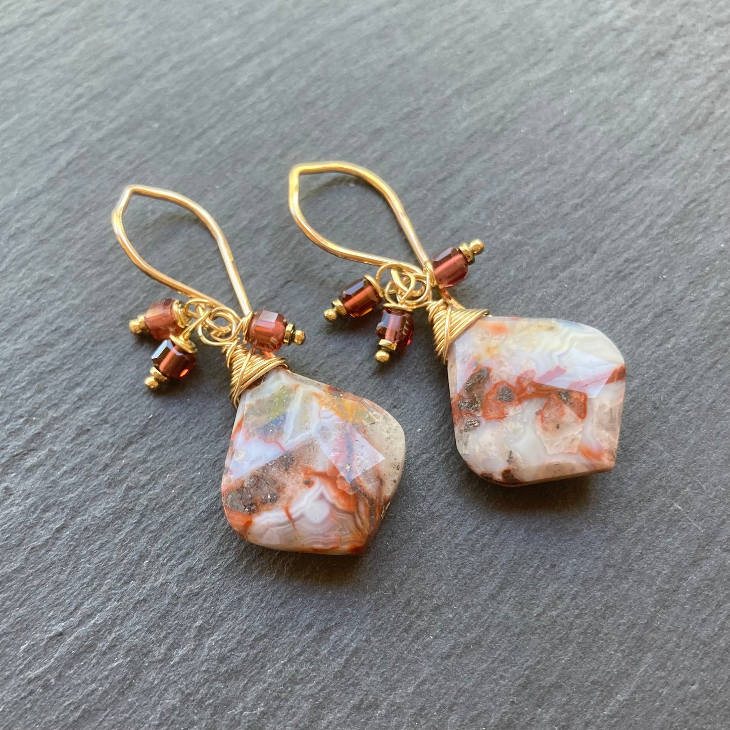Crazy Lace Agate, Malaya Garnet & Gold Earrings
