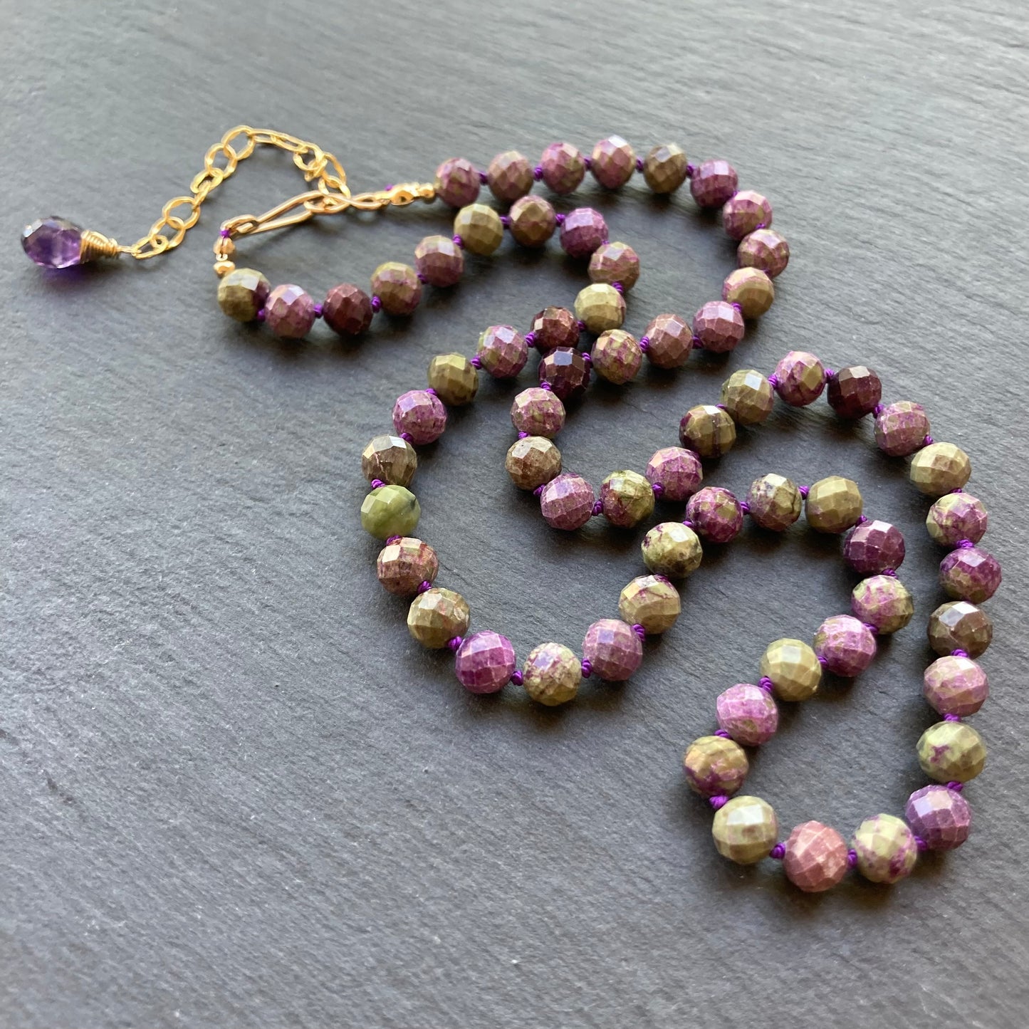 Atlantisite Stichtite Hand Knotted Silk Necklace