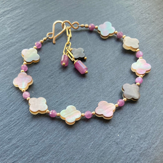 Black Mother of Pearl, Ruby & Gold Bracelet