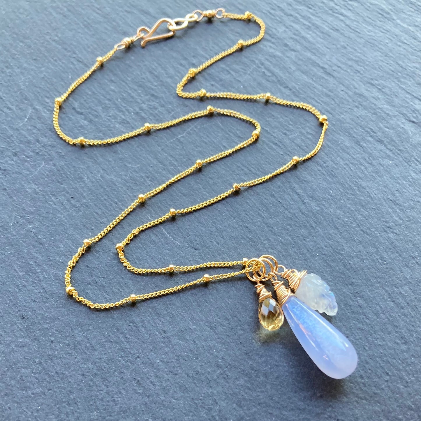 Blue Lace Agate, Rainbow Moonstone, Citrine & Gold Charm Necklace
