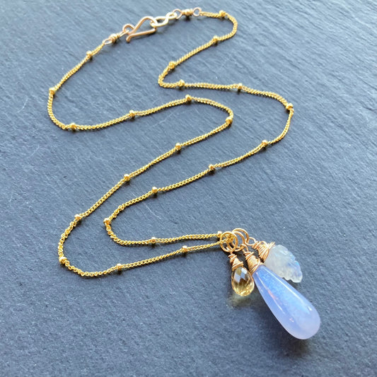 Blue Lace Agate, Rainbow Moonstone, Citrine & Gold Charm Necklace