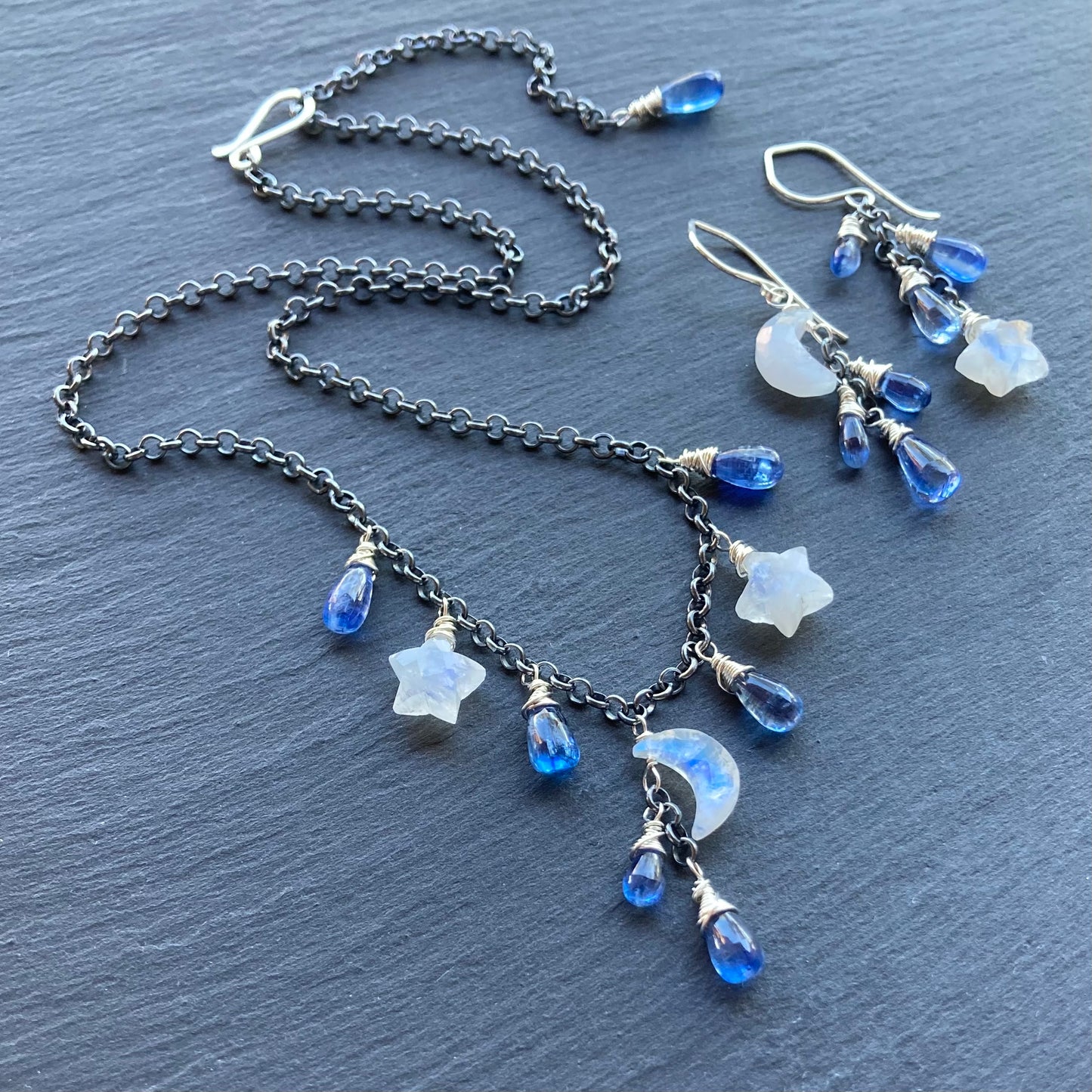 Rainbow Moonstone, Blue Kyanite & Sterling Silver Winter Solstice Earrings