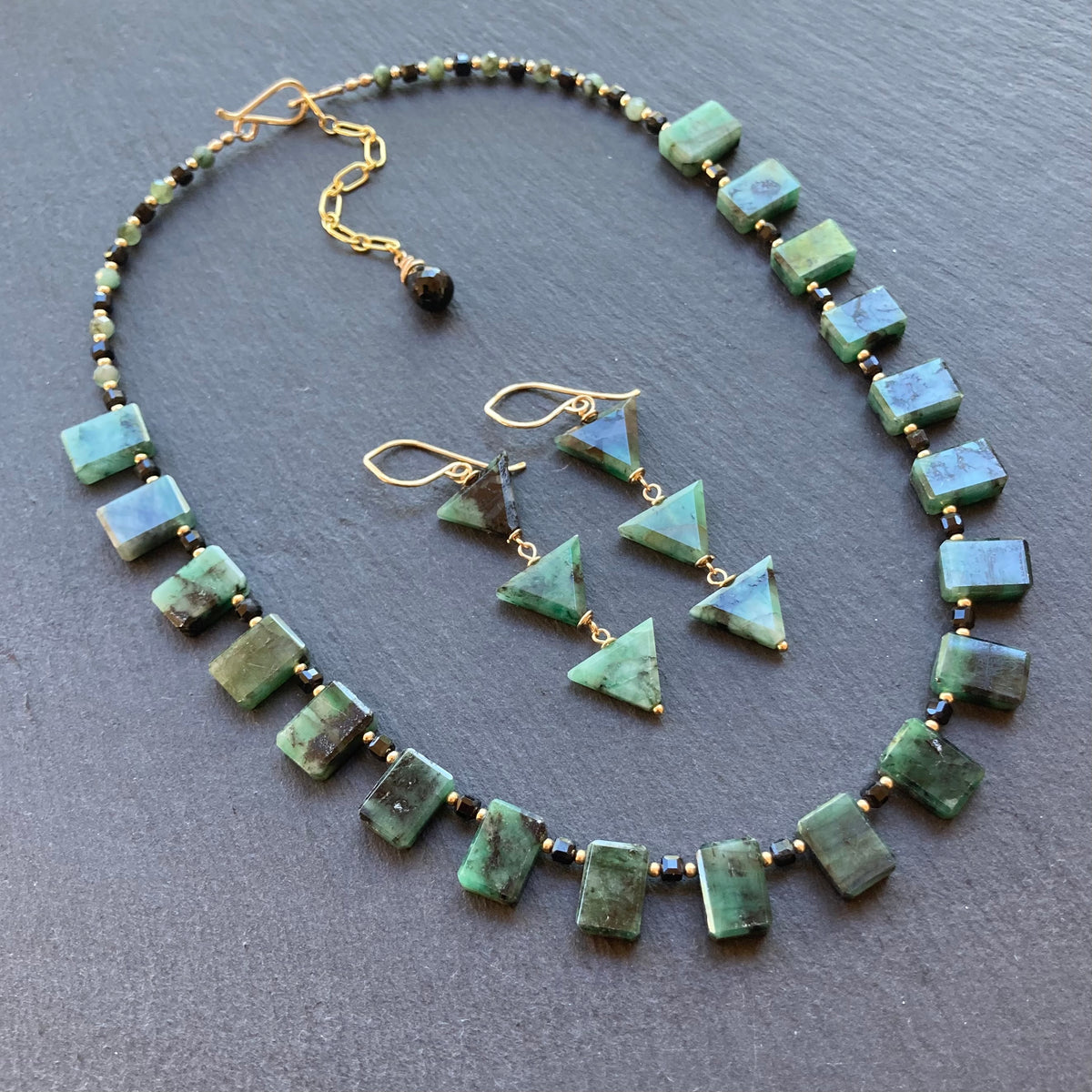 Natural Emerald & Gold Long Drop Earrings
