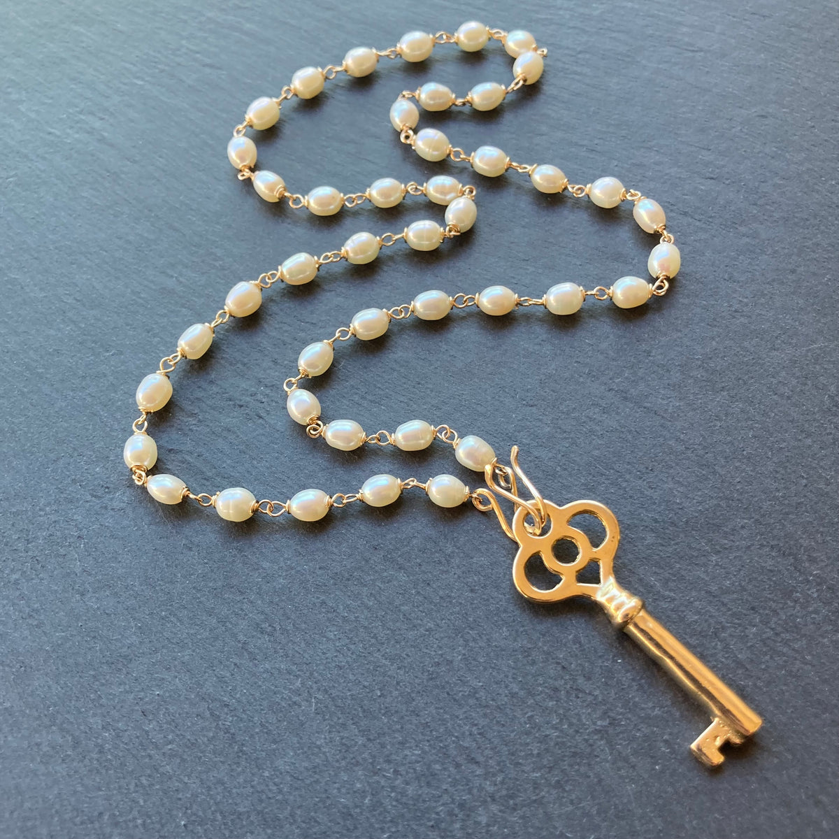 Freshwater Pearl, Gold & Bronze Skeleton Key Convertible Pendant Necklace