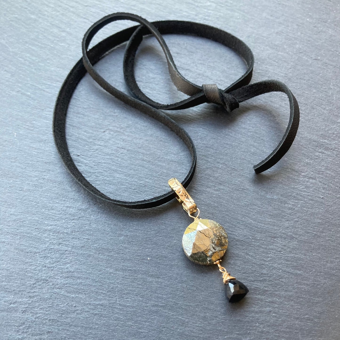 Nipomo Marcasite in Agate, Black Onyx & Bronze Deerskin Leather Choker