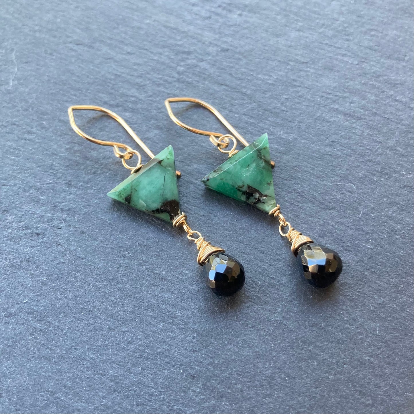 Natural Emerald, Black Onyx & Gold Earrings