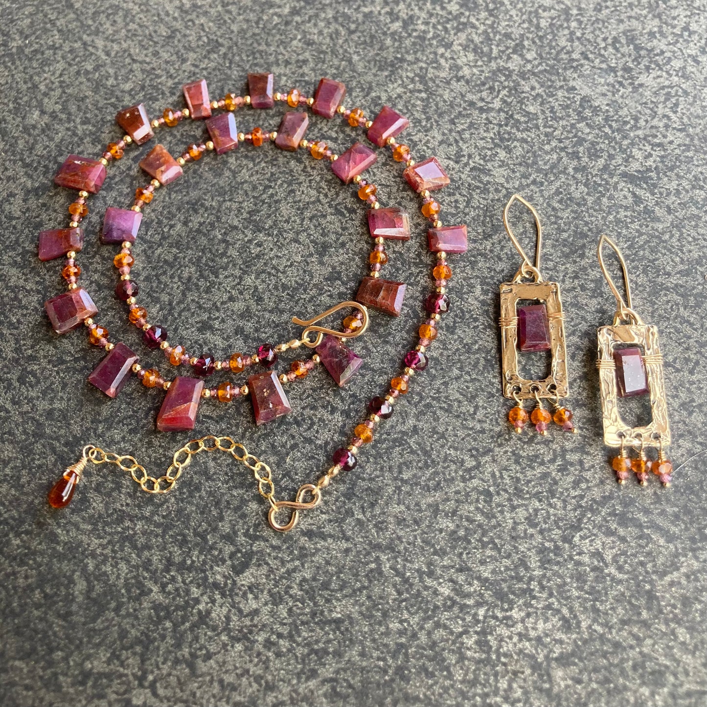 Natural African Ruby, Orange Kyanite, Rhodolite & Gold Choker