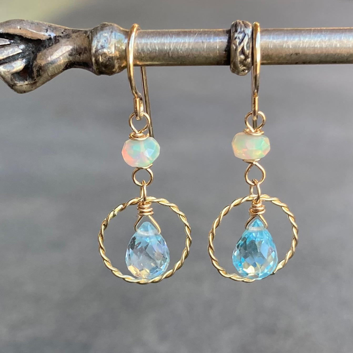 Blue Topaz, Ethiopian Opal & Gold Twisted Hoops