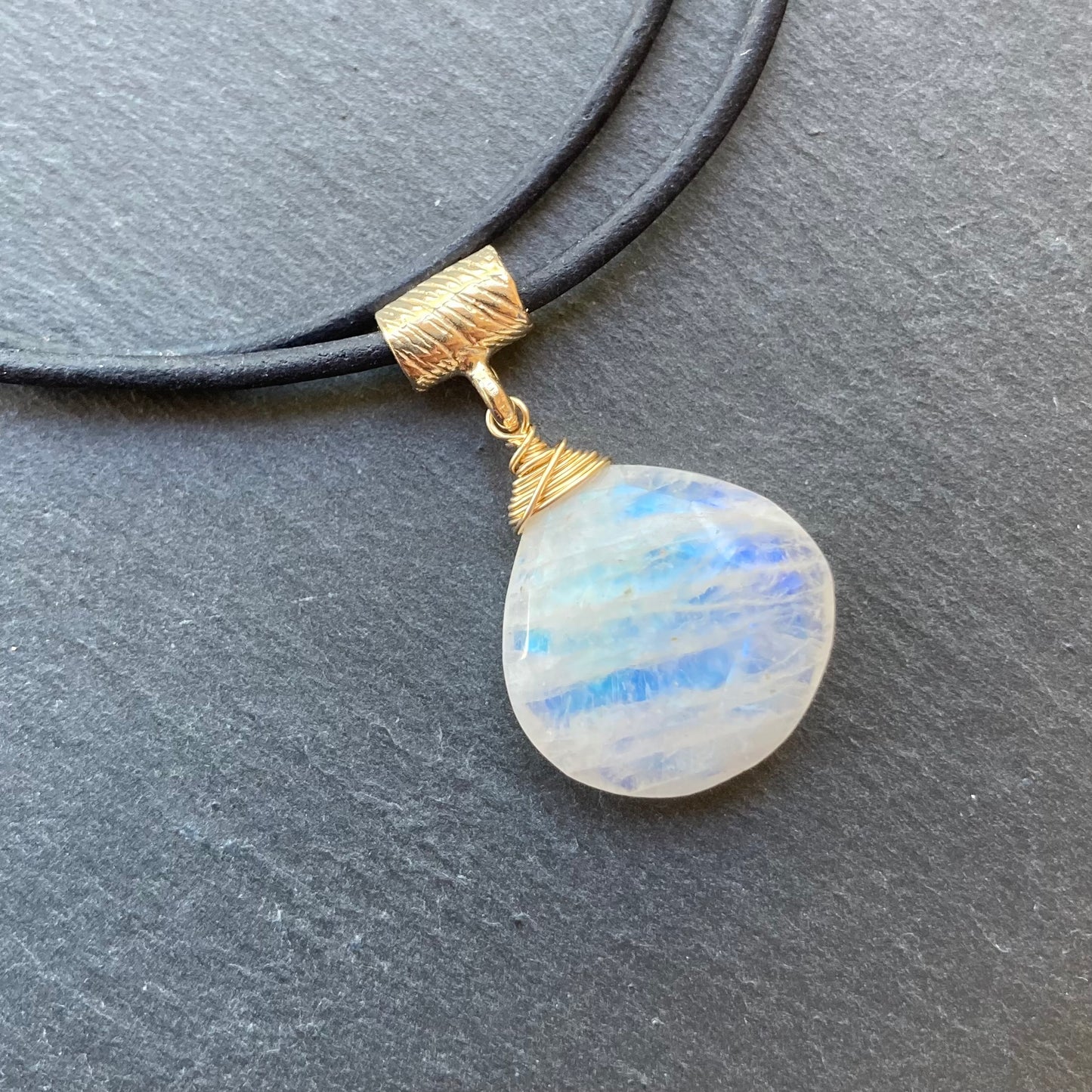 Rainbow Moonstone & Bronze Leather Choker
