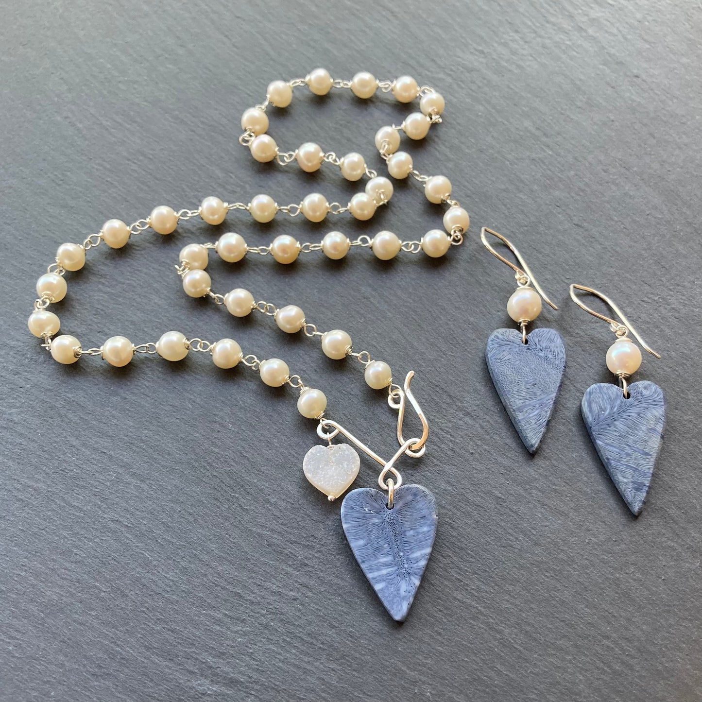 Freshwater Pearl, Sterling Silver & Blue Coral Heart Earrings