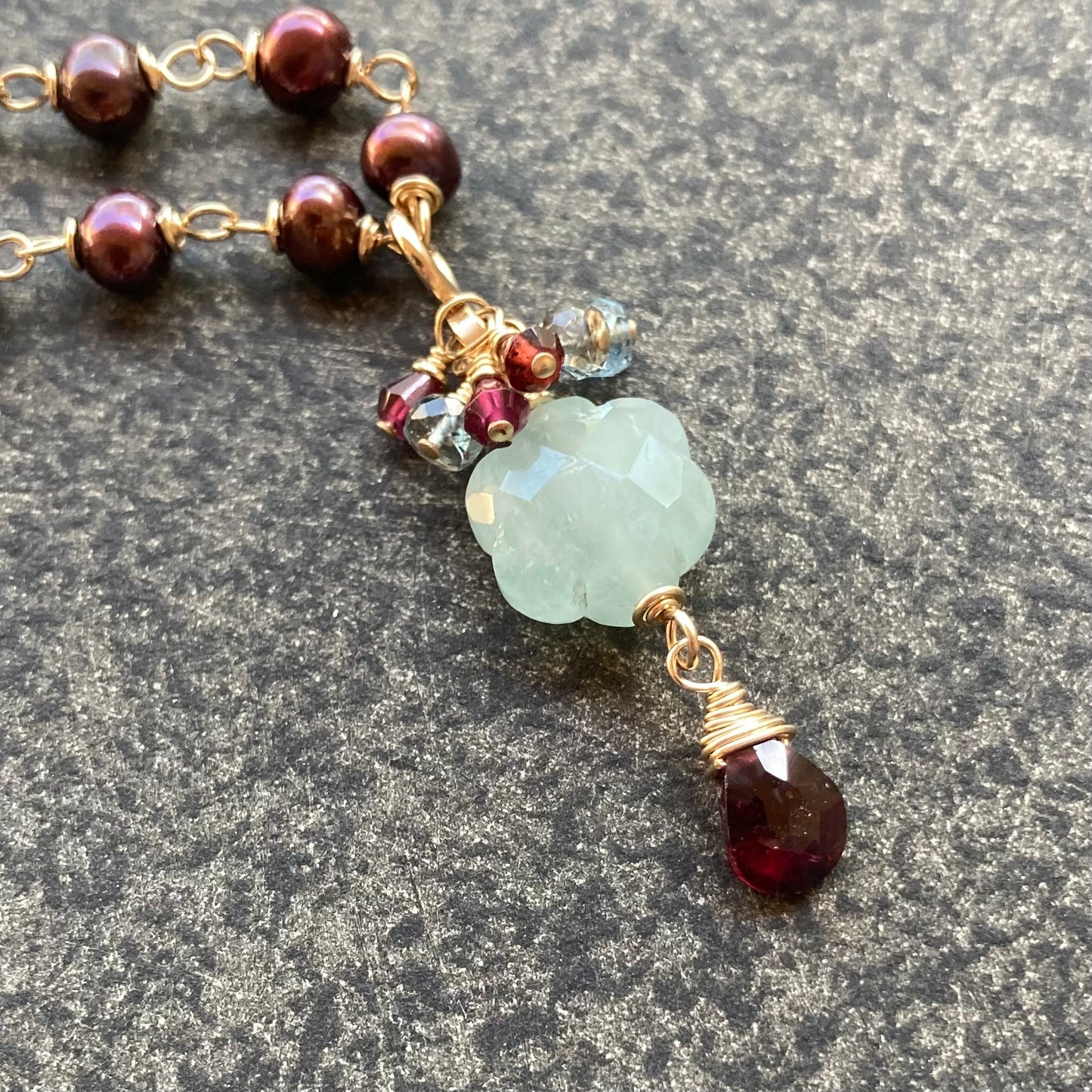 Aquamarine, Cranberry Freshwater Pearl, Rhodolite Garnet & Gold Flower Drop Pendant Necklace