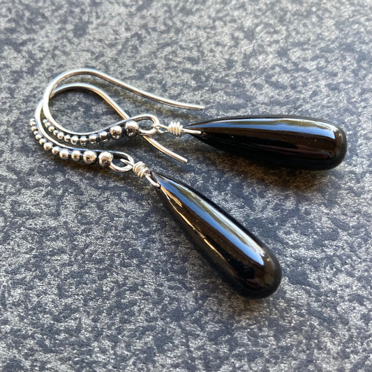 Black Onyx & Granulated Sterling Silver Long Teardrop Earrings