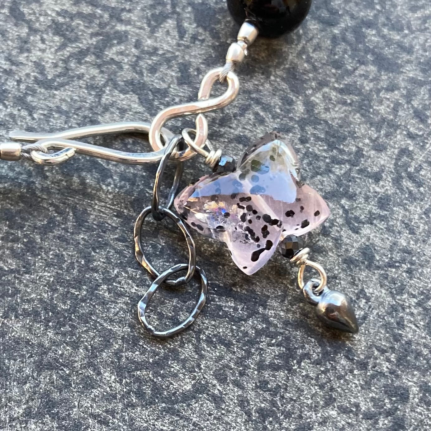 Black Onyx & Rutilated Rose Quartz Butterfly Charm Bracelet