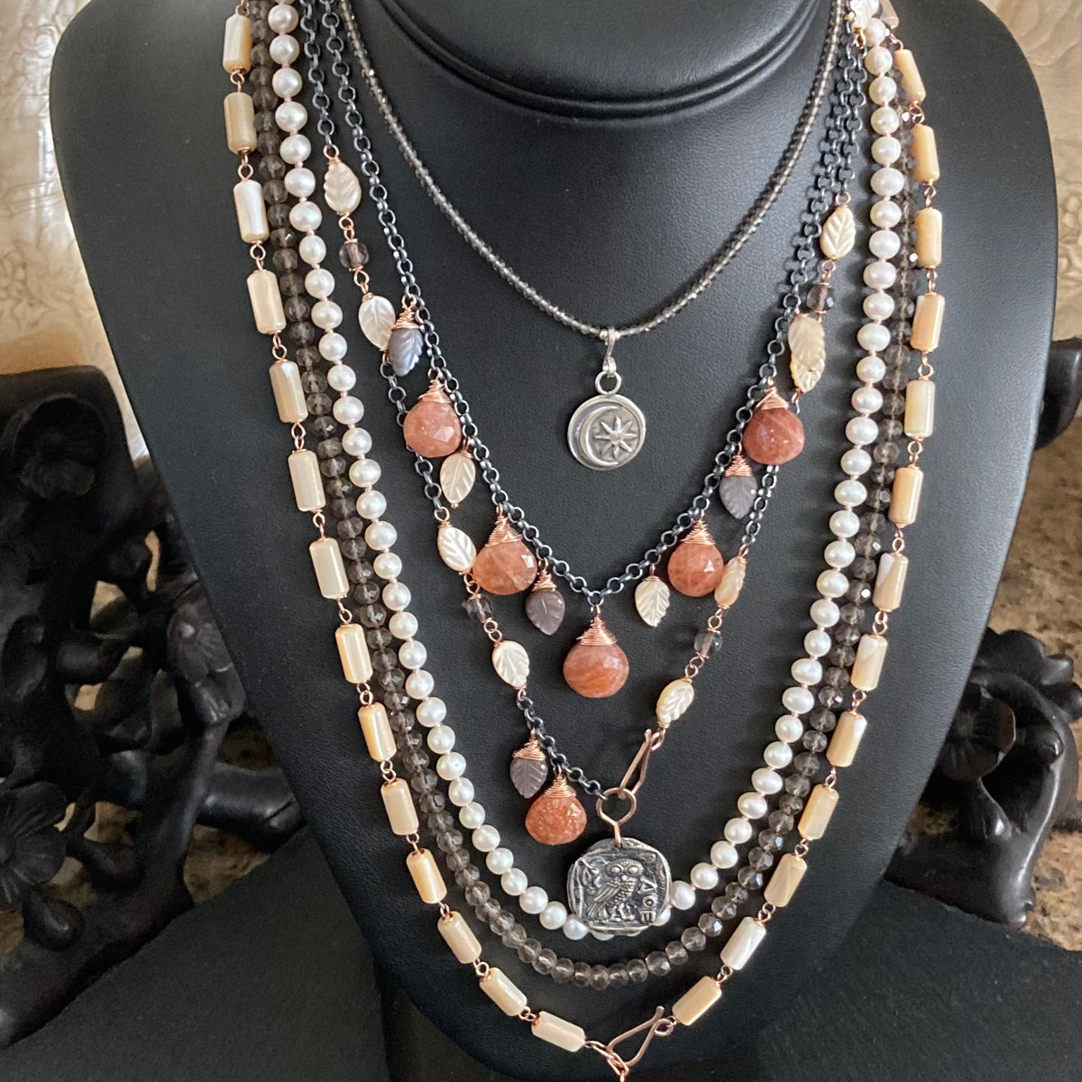 Smoky Quartz & Sterling Silver Sun Moon Pendant Choker