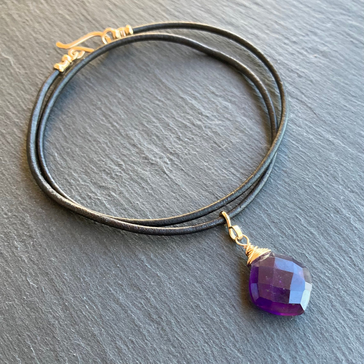 Amethyst & Gold Leather Choker