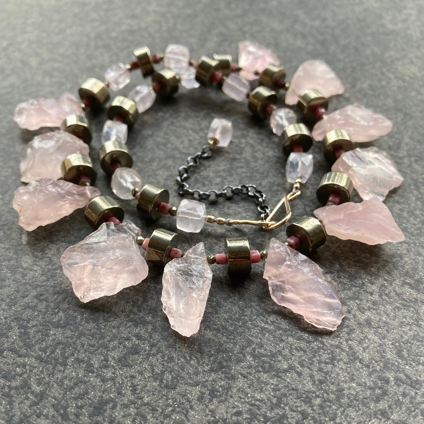 Raw Rose Quartz, Pyrite, Rhodonite & Mixed Metal Collar