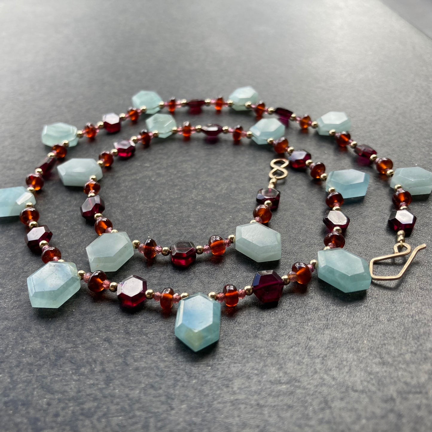 Aquamarine, Rhodolite, Hessonite & 14k Gold Necklace