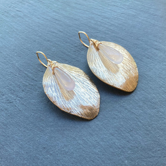 Rose Quartz, Gold & Bronze Rose Petal Earrings