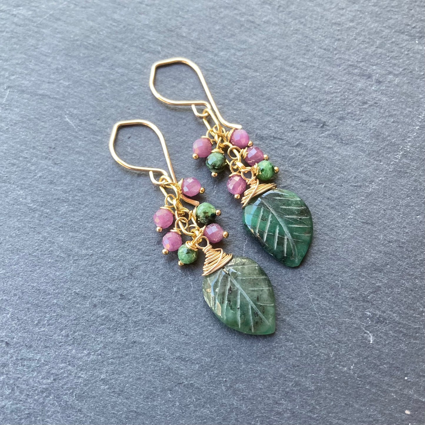 Emerald, Ruby Zoisite & Gold Earrings