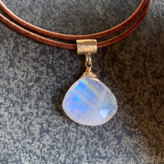 Rainbow Moonstone & Bronze Leather Choker