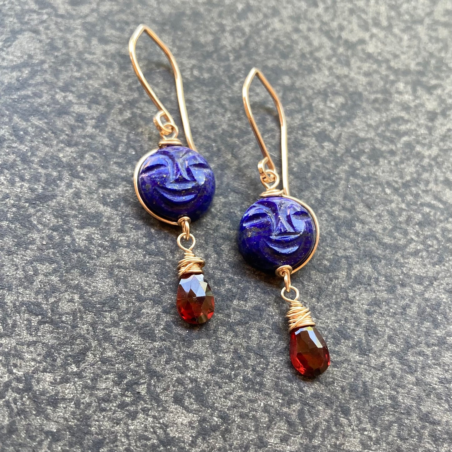 Lapis, Mozambique Garnet & Gold Full Moon Earrings