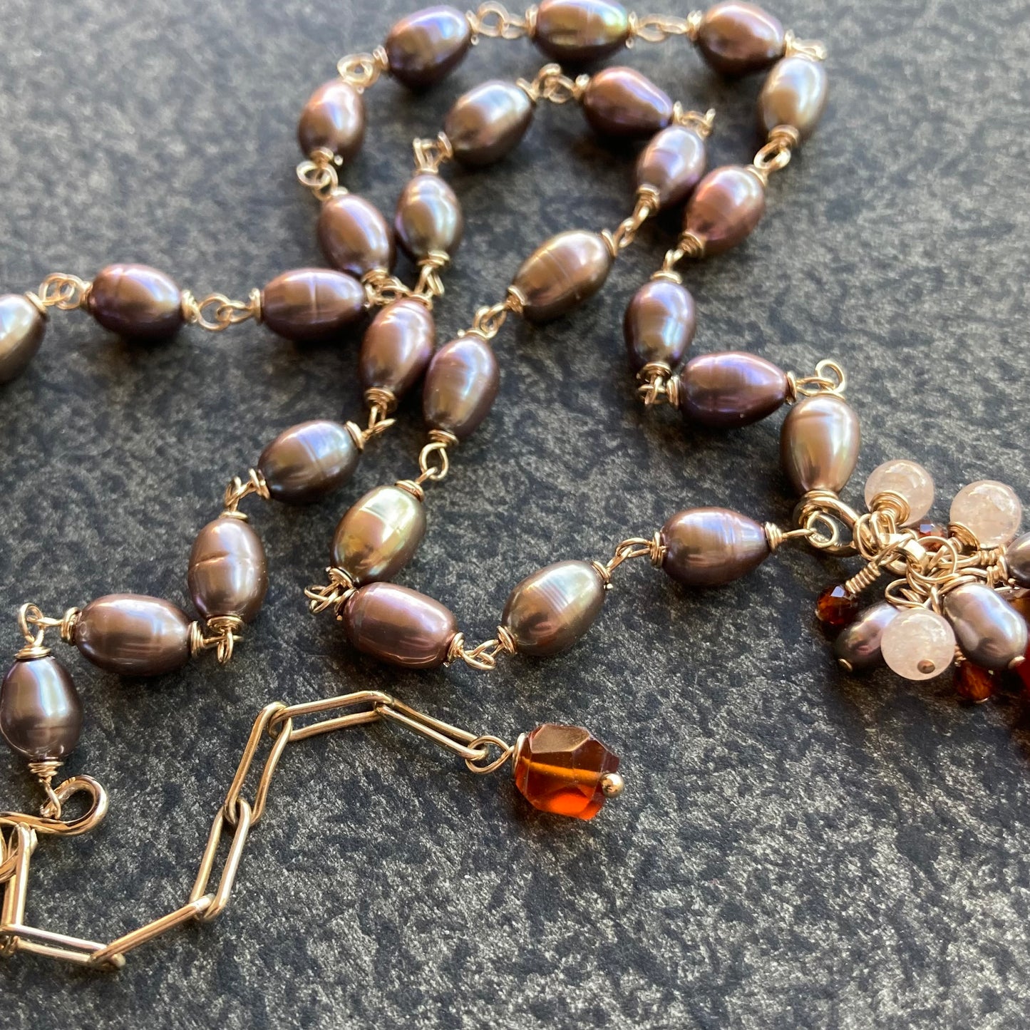 Hessonite, Tahitian Pearl & Gold Pendant Necklace