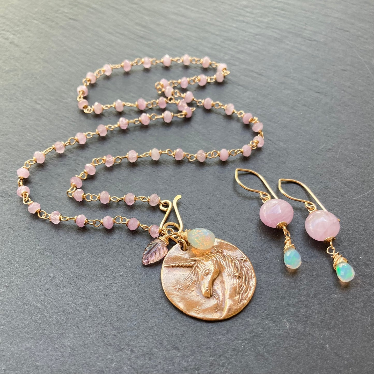 Kunzite, Gold & Bronze Unicorn Coin Necklace