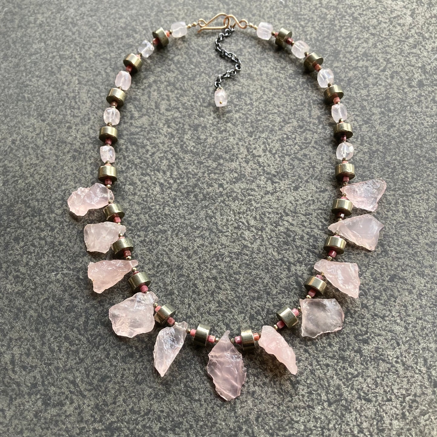 Raw Rose Quartz, Pyrite, Rhodonite & Mixed Metal Collar