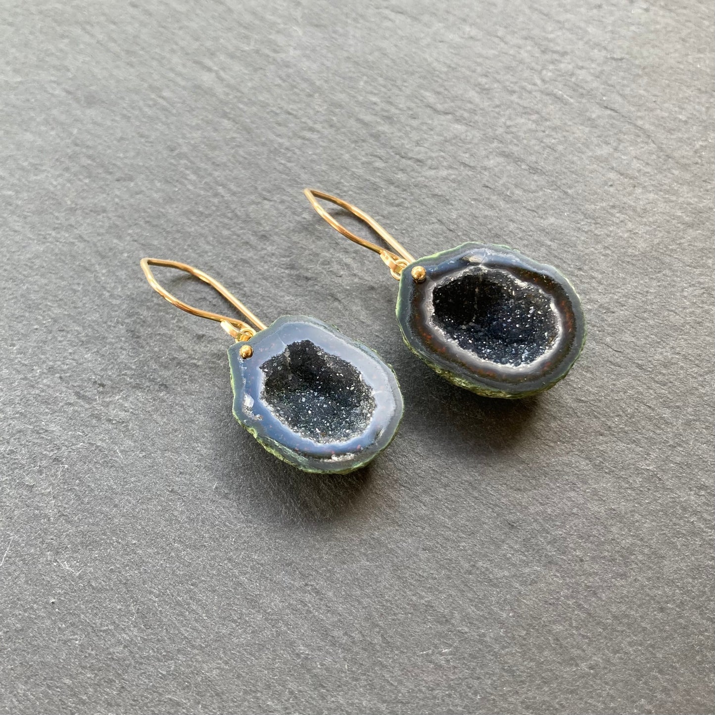 Black Druzy Tabasco Geode & Gold Earrings